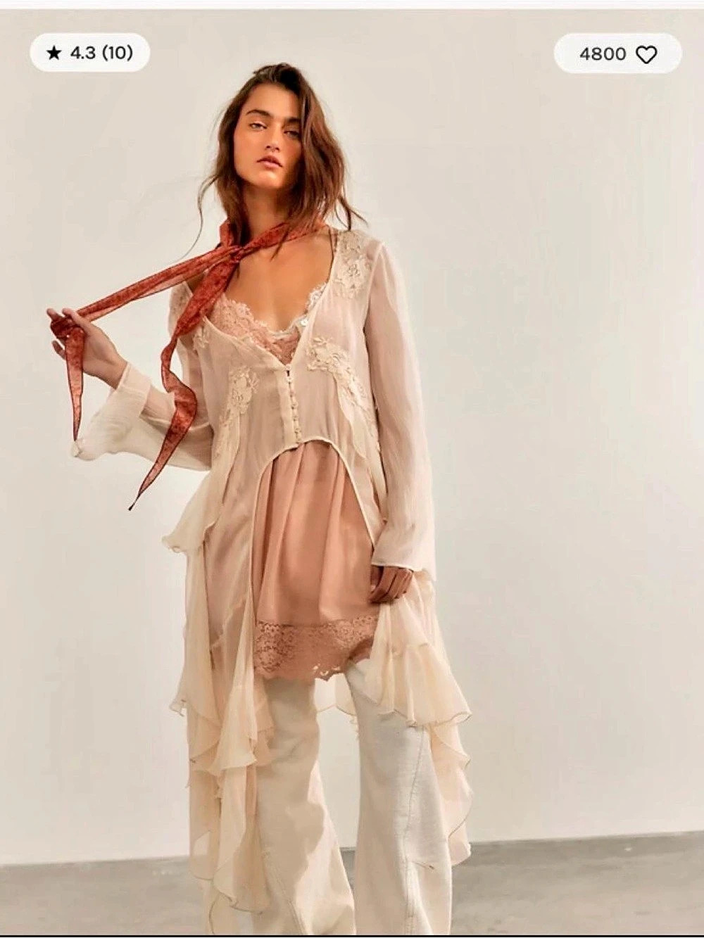Free people x Nigel Preston Angel Chiffon Maxi Top Ruffle Tunic Cream Like New